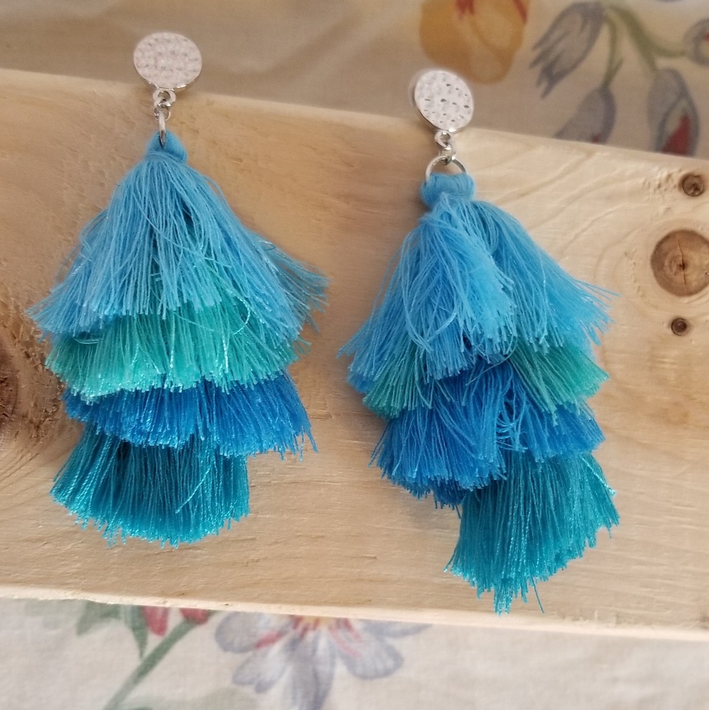 Bohemian Blue, Teal, & Silver Tassel Boho Earrings